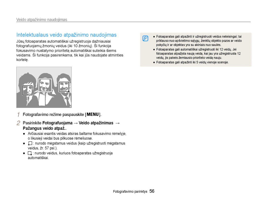 Samsung EC-DV90ZZFPBE2, EC-DV90ZZBPBE2 manual Intelektualaus veido atpažinimo naudojimas, Pažangus veido atpaž 