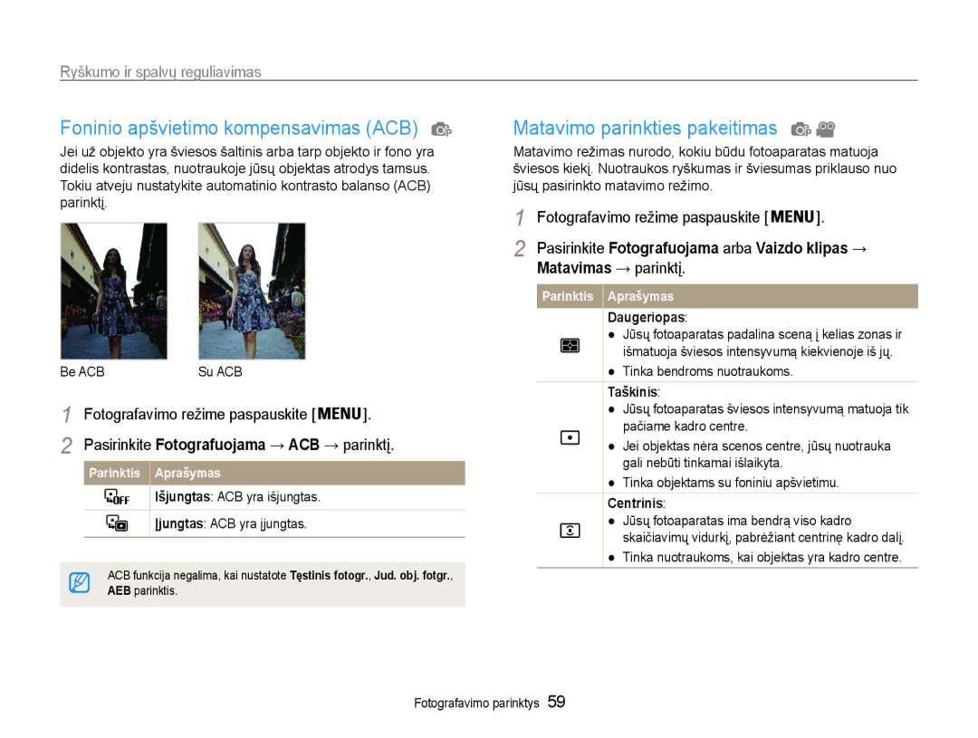 Samsung EC-DV90ZZBPBE2 manual Foninio apšvietimo kompensavimas ACB, Matavimo parinkties pakeitimas, Matavimas → parinktį 