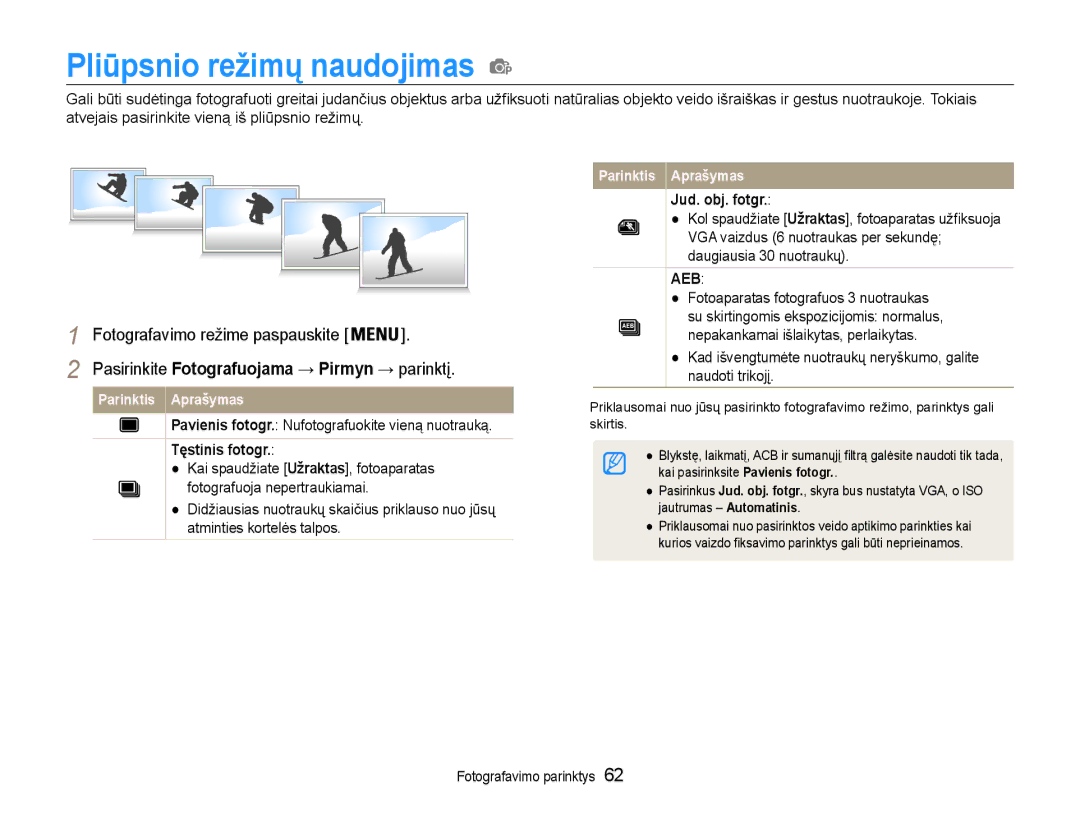 Samsung EC-DV90ZZFPBE2 Pliūpsnio režimų naudojimas, Pavienis fotogr. Nufotografuokite vieną nuotrauką, Tęstinis fotogr 