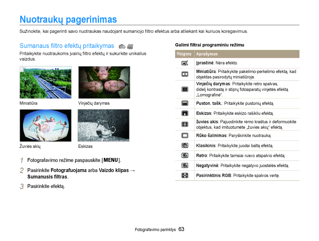 Samsung EC-DV90ZZBPBE2 Nuotraukų pagerinimas, Sumanaus filtro efektų pritaikymas, Sumanusis filtras, Pasirinkite efektą 