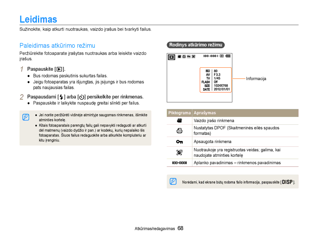 Samsung EC-DV90ZZFPBE2 Leidimas, Paleidimas atkūrimo režimu, Paspausdami arba persikelkite per rinkmenas, Informacija 