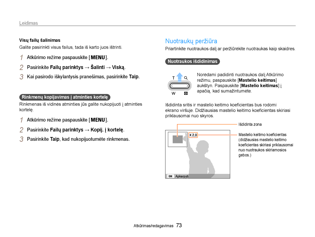 Samsung EC-DV90ZZBPBE2 manual Nuotraukų peržiūra, Pasirinkite Failų parinktys → Šalinti → Viską, Nuotraukos išdidinimas 