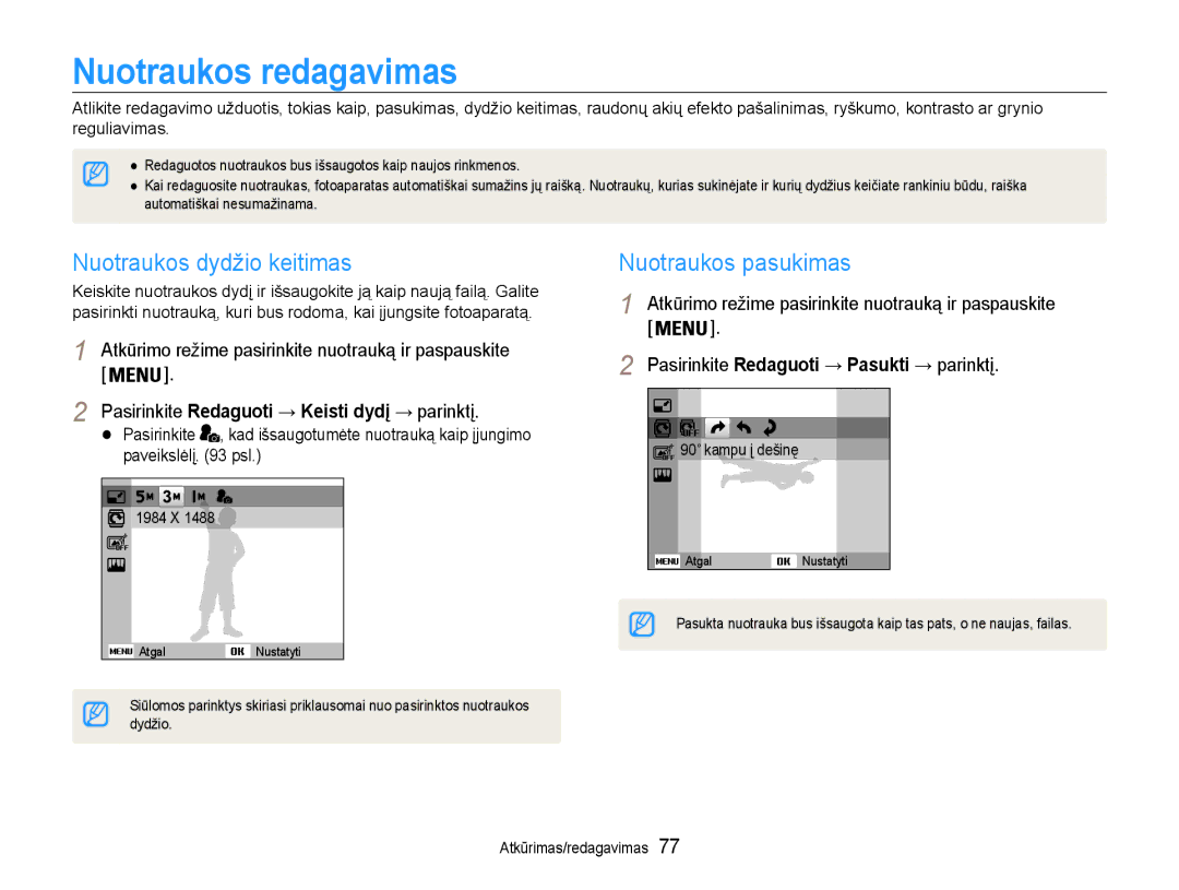 Samsung EC-DV90ZZBPBE2 manual Nuotraukos redagavimas, Nuotraukos dydžio keitimas, Nuotraukos pasukimas, Pasirinkite 