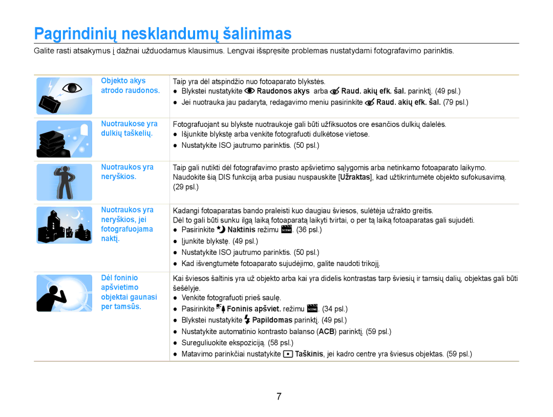 Samsung EC-DV90ZZBPBE2 manual Pagrindinių nesklandumų šalinimas, Raudonos akys arba Raud. akių efk. šal. parinktį psl 