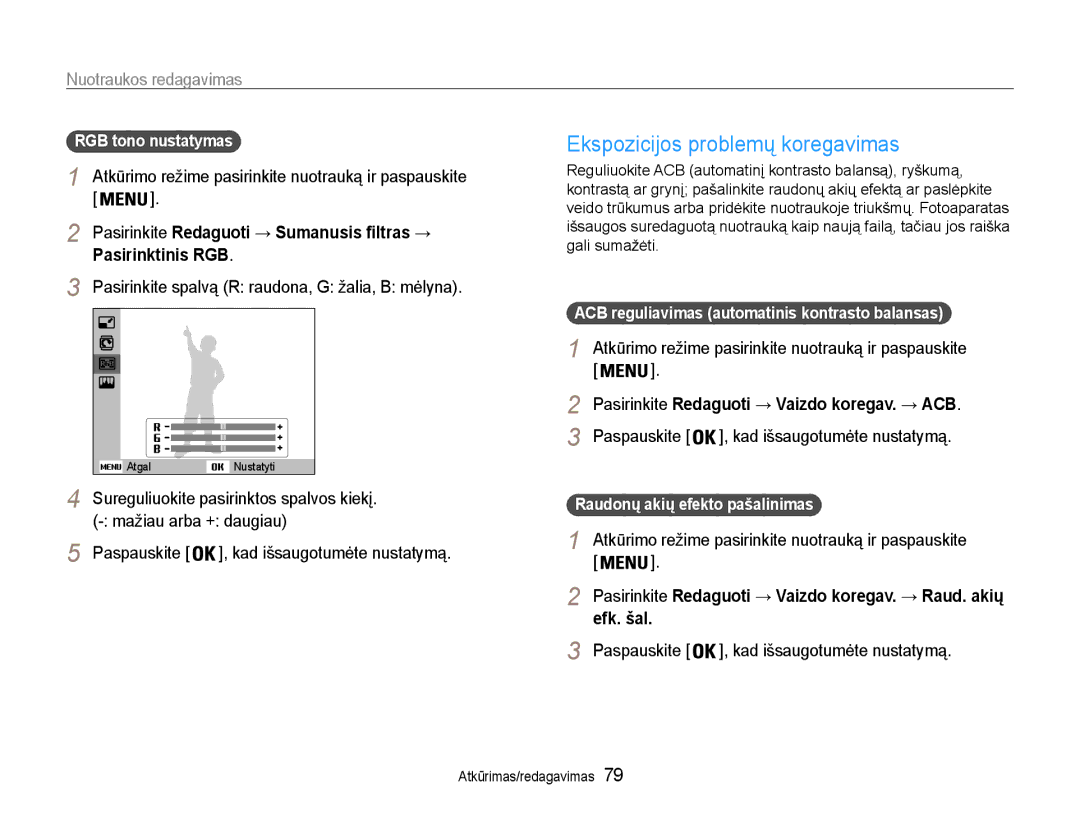 Samsung EC-DV90ZZBPBE2 manual Ekspozicijos problemų koregavimas, Atkūrimo režime pasirinkite nuotrauką ir paspauskite 