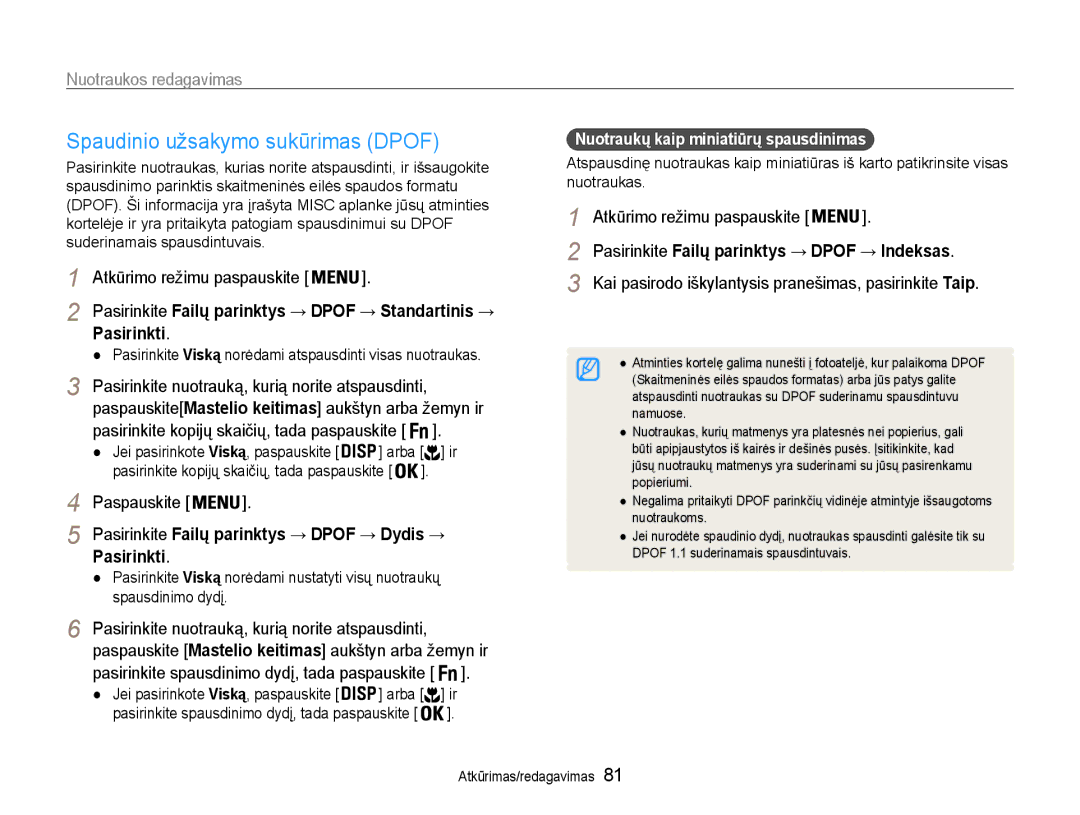 Samsung EC-DV90ZZBPBE2, EC-DV90ZZFPBE2 manual Spaudinio užsakymo sukūrimas Dpof, Atkūrimo režimu paspauskite, Pasirinkti 