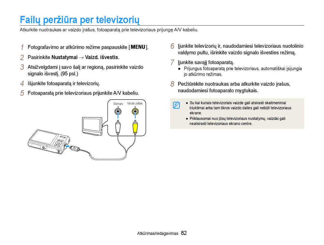 Samsung EC-DV90ZZFPBE2, EC-DV90ZZBPBE2 manual Failų peržiūra per televizorių, Fotografavimo ar atkūrimo režime paspauskite 