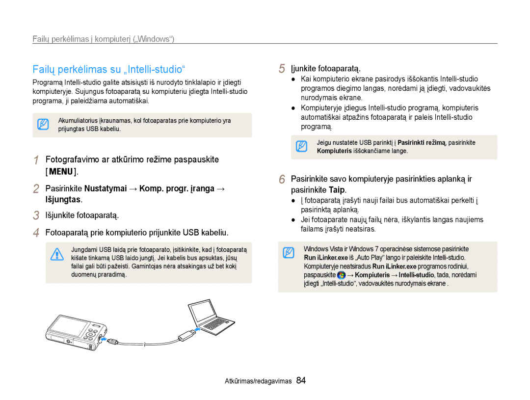 Samsung EC-DV90ZZFPBE2 Failų perkėlimas su „Intelli-studio, Failų perkėlimas į kompiuterį „Windows, Įjunkite fotoaparatą 