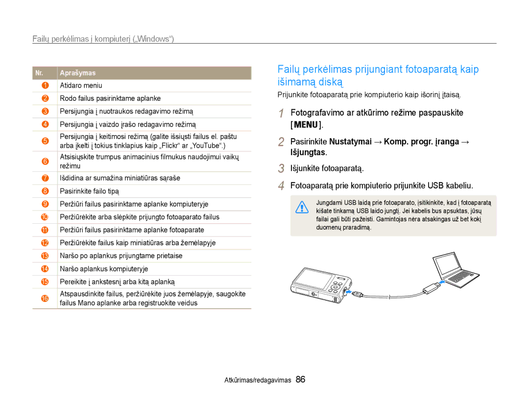 Samsung EC-DV90ZZFPBE2, EC-DV90ZZBPBE2 manual Failų perkėlimas prijungiant fotoaparatą kaip išimamą diską 