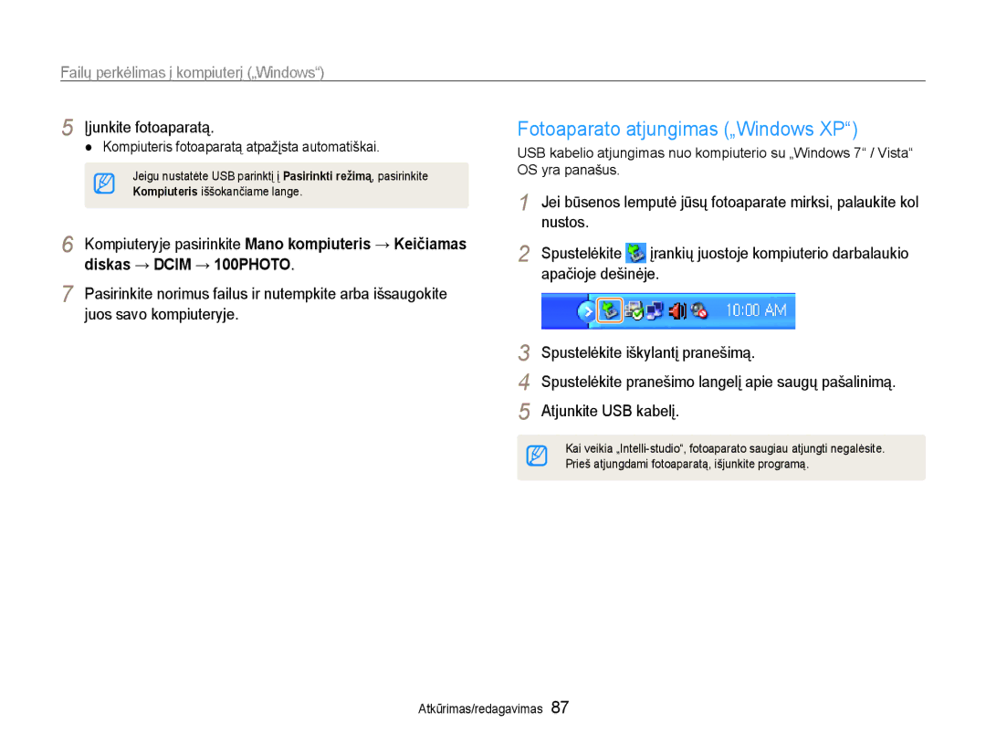 Samsung EC-DV90ZZBPBE2 Fotoaparato atjungimas „Windows XP, Nustos Spustelėkite, Įrankių juostoje kompiuterio darbalaukio 