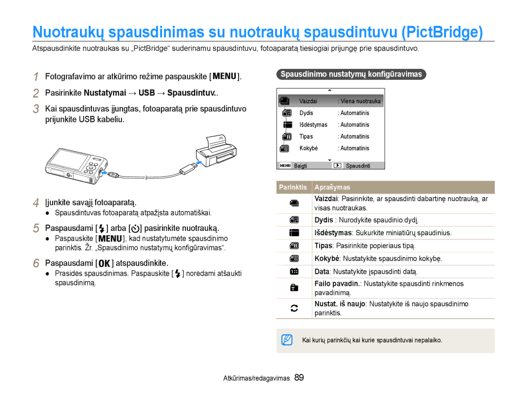 Samsung EC-DV90ZZBPBE2, EC-DV90ZZFPBE2 Pasirinkite Nustatymai → USB → Spausdintuv, Paspausdami arba pasirinkite nuotrauką 