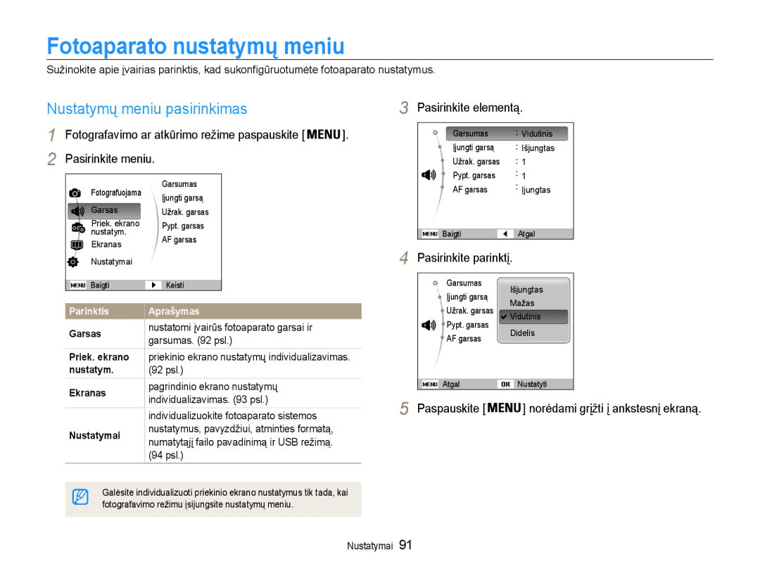 Samsung EC-DV90ZZBPBE2, EC-DV90ZZFPBE2 Fotoaparato nustatymų meniu, Nustatymų meniu pasirinkimas, Pasirinkite elementą 