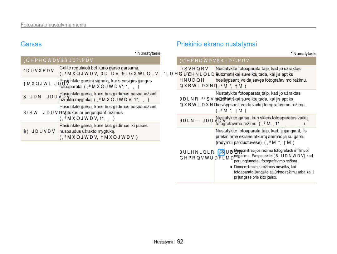 Samsung EC-DV90ZZFPBE2, EC-DV90ZZBPBE2 manual Garsas, Priekinio ekrano nustatymai, Fotoaparato nustatymų meniu 