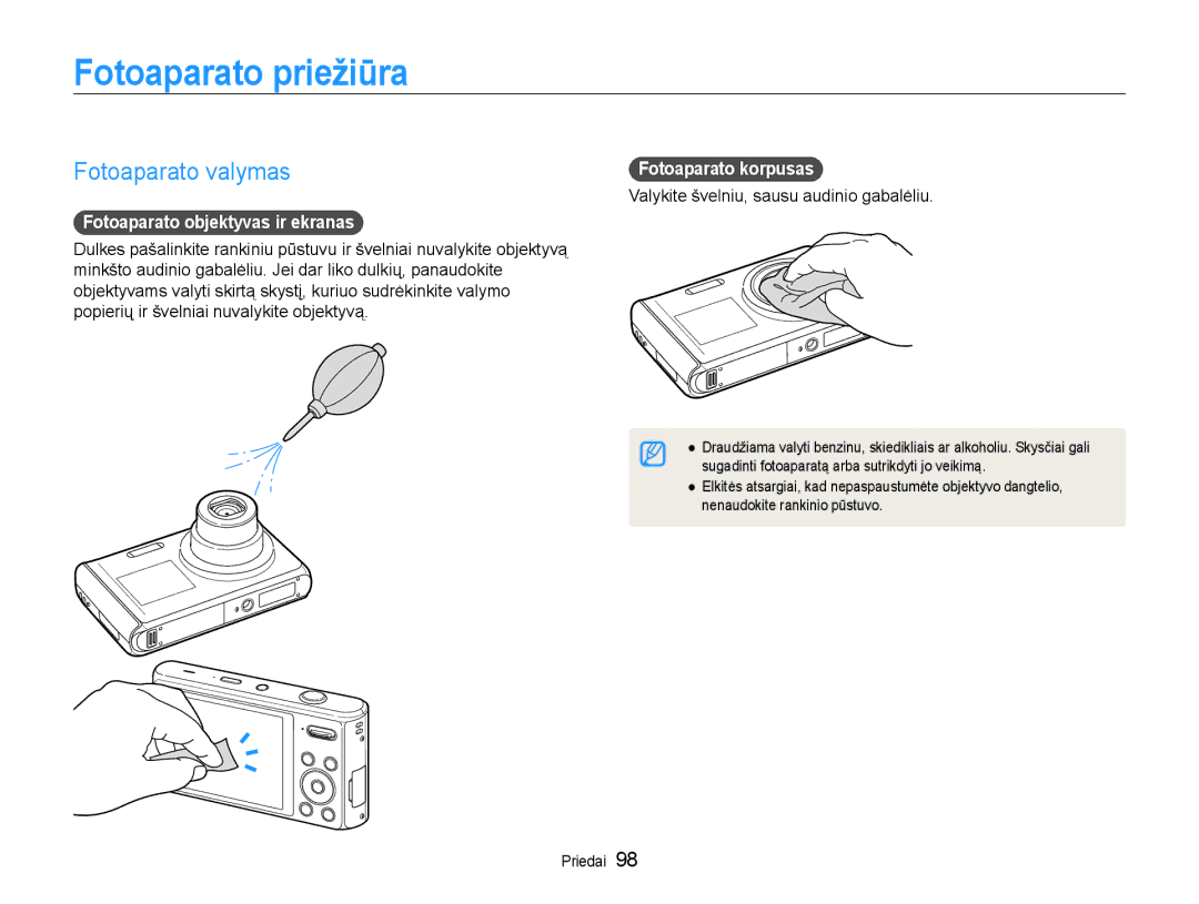 Samsung EC-DV90ZZFPBE2 Fotoaparato priežiūra, Fotoaparato valymas, Fotoaparato objektyvas ir ekranas, Fotoaparato korpusas 