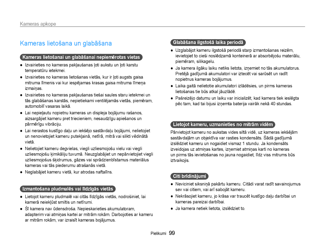 Samsung EC-DV90ZZBPBE2, EC-DV90ZZFPBE2 manual Kameras lietošana un glabāšana, Kameras apkope 