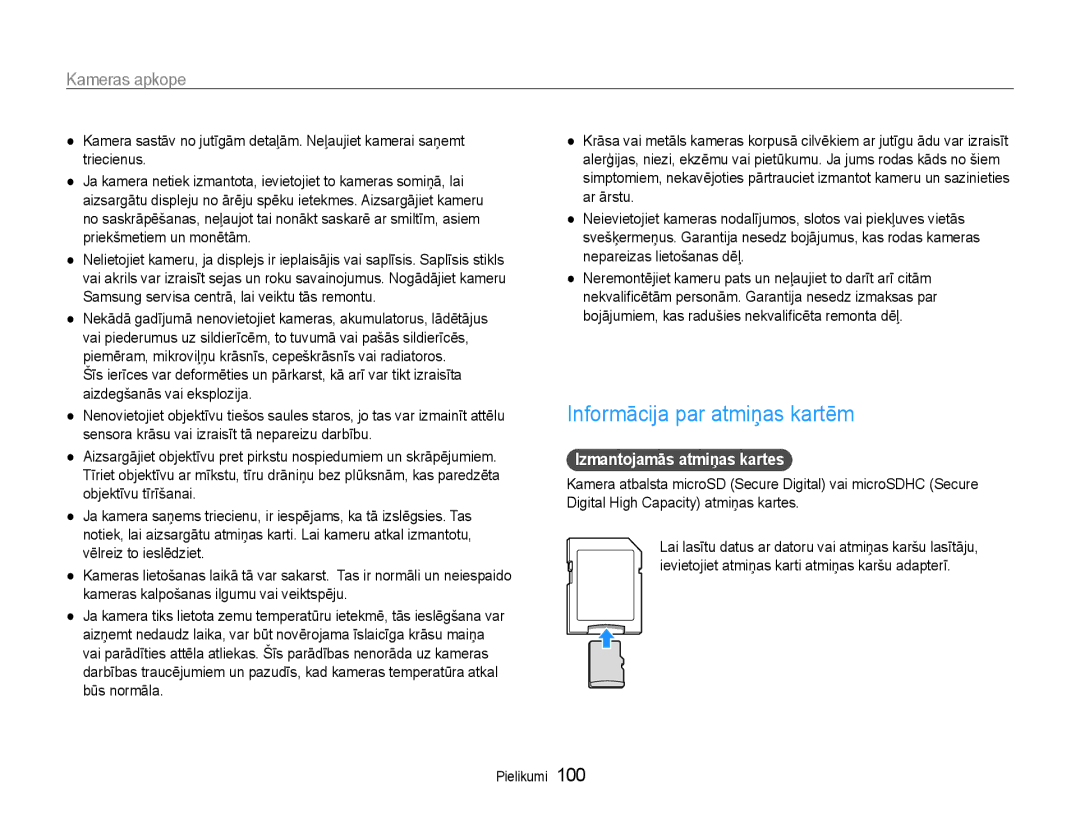 Samsung EC-DV90ZZFPBE2, EC-DV90ZZBPBE2 manual Informācija par atmiņas kartēm, Izmantojamās atmiņas kartes 