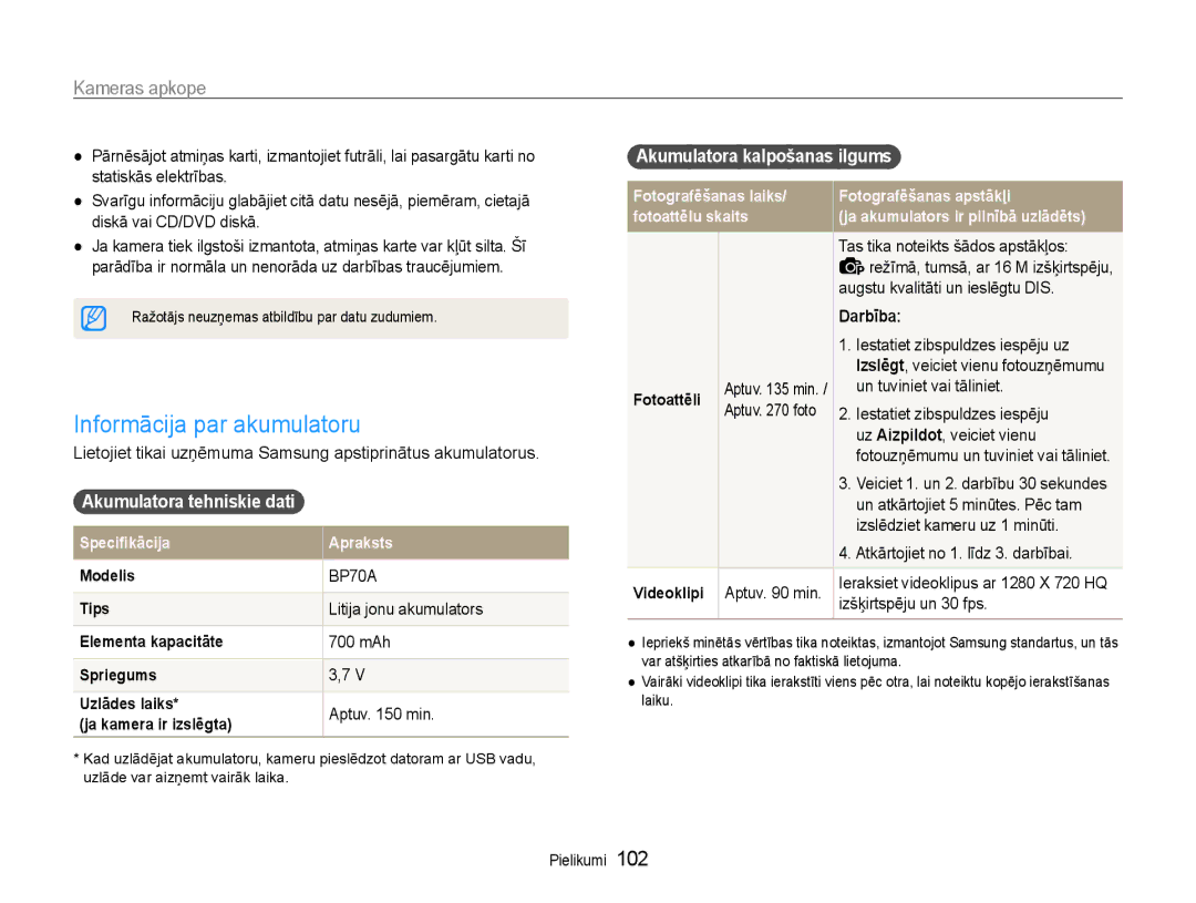 Samsung EC-DV90ZZFPBE2 manual Informācija par akumulatoru, Akumulatora tehniskie dati, Akumulatora kalpošanas ilgums 