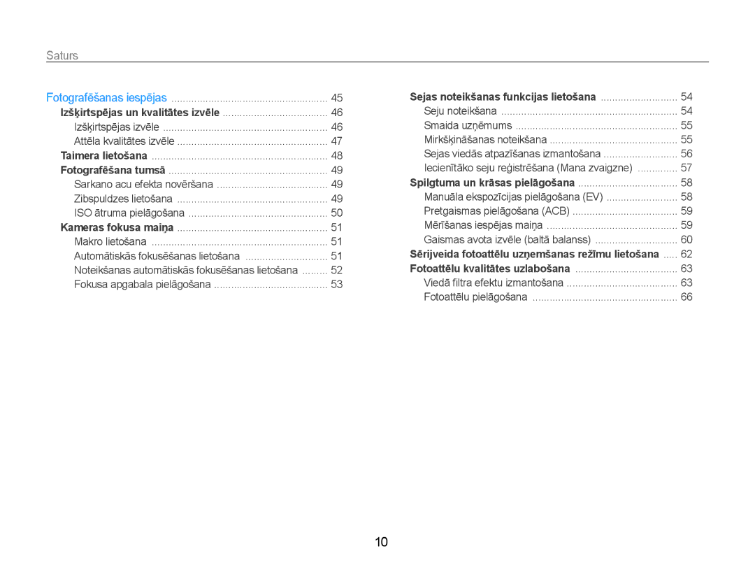 Samsung EC-DV90ZZFPBE2, EC-DV90ZZBPBE2 manual Saturs﻿, Izšķirtspējas un kvalitātes izvēle 