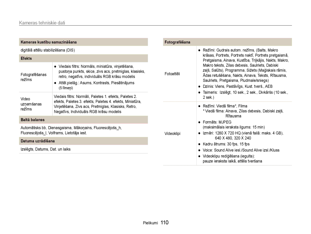 Samsung EC-DV90ZZFPBE2 manual Kameras tehniskie dati, Kameras kustību samazināšana, Baltā balanss, Datuma uzrādīšana 