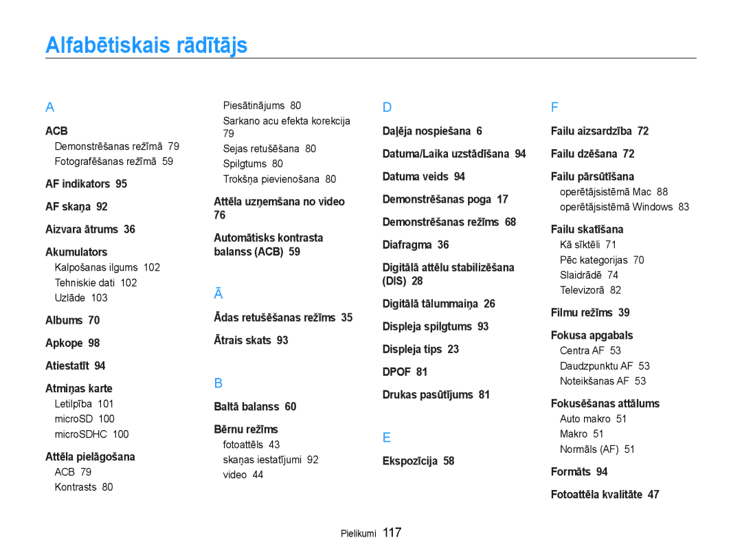 Samsung EC-DV90ZZBPBE2 Alfabētiskais rādītājs, Kalpošanas ilgums 102 Tehniskie dati 102 Uzlāde, Centra AF Daudzpunktu AF 