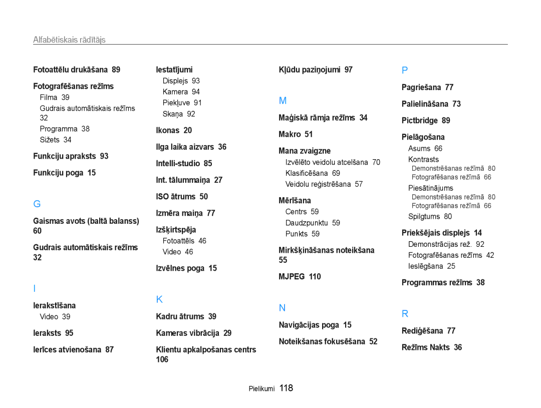 Samsung EC-DV90ZZFPBE2, EC-DV90ZZBPBE2 manual Alfabētiskais rādītājs 