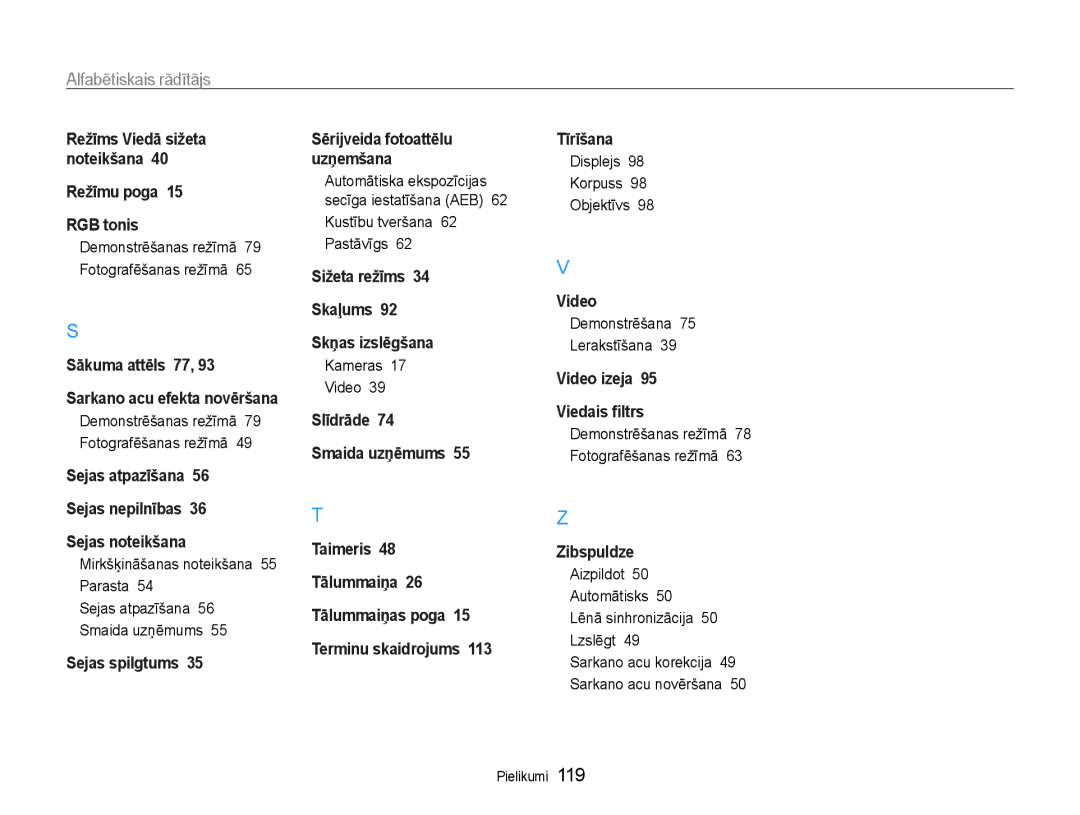 Samsung EC-DV90ZZBPBE2, EC-DV90ZZFPBE2 manual Kustību tveršana 62 Pastāvīgs, Kameras Video, Displejs Korpuss Objektīvs 