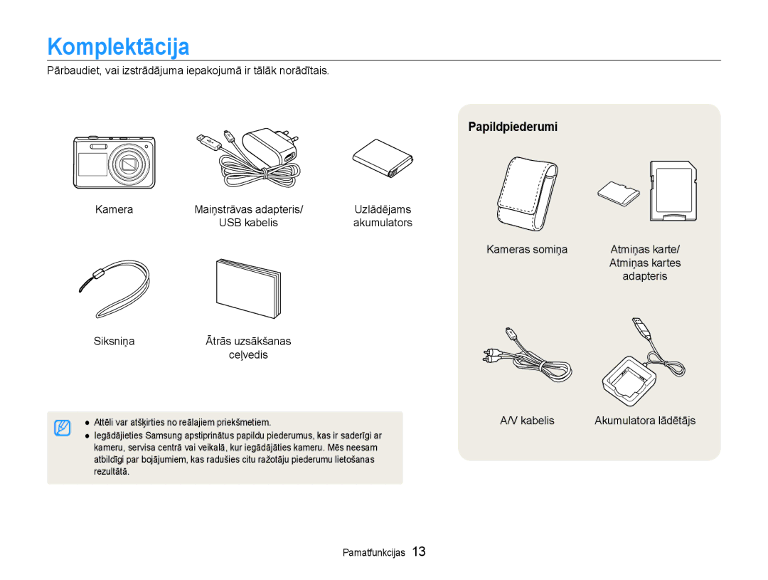 Samsung EC-DV90ZZBPBE2, EC-DV90ZZFPBE2 manual Komplektācija, Papildpiederumi 