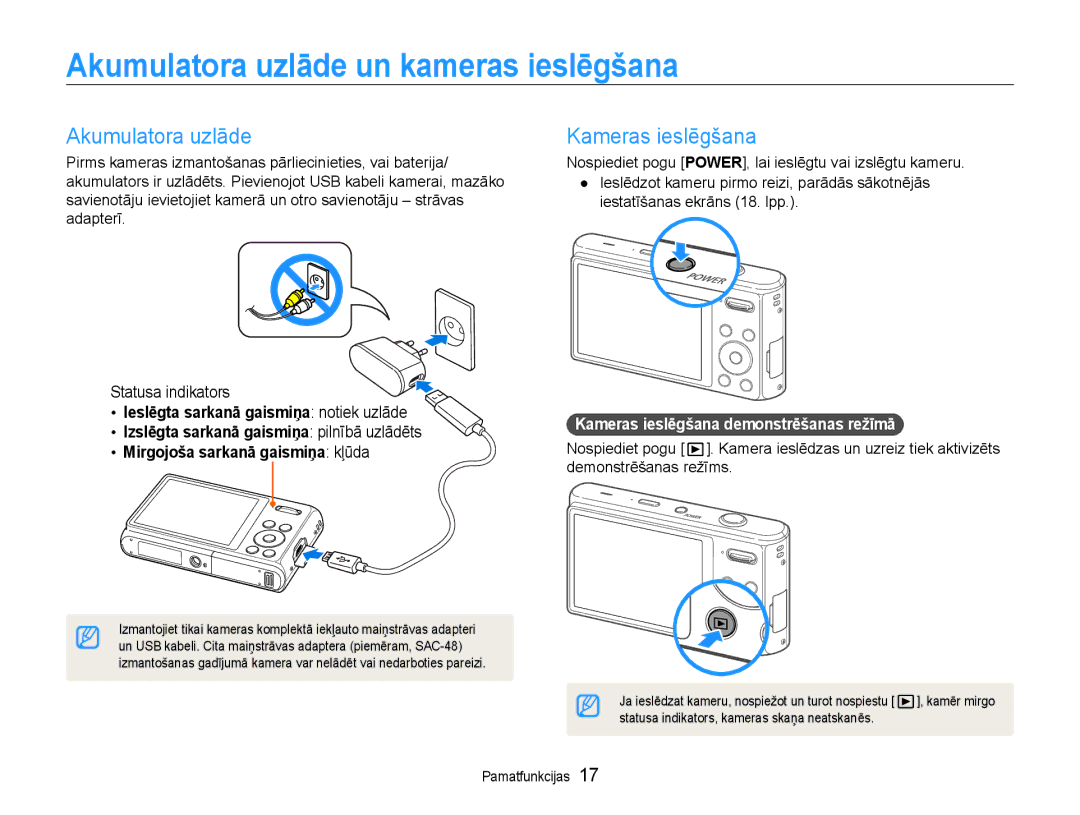 Samsung EC-DV90ZZBPBE2 manual Akumulatora uzlāde un kameras ieslēgšana, Kameras ieslēgšana, Iestatīšanas ekrāns 18. lpp 