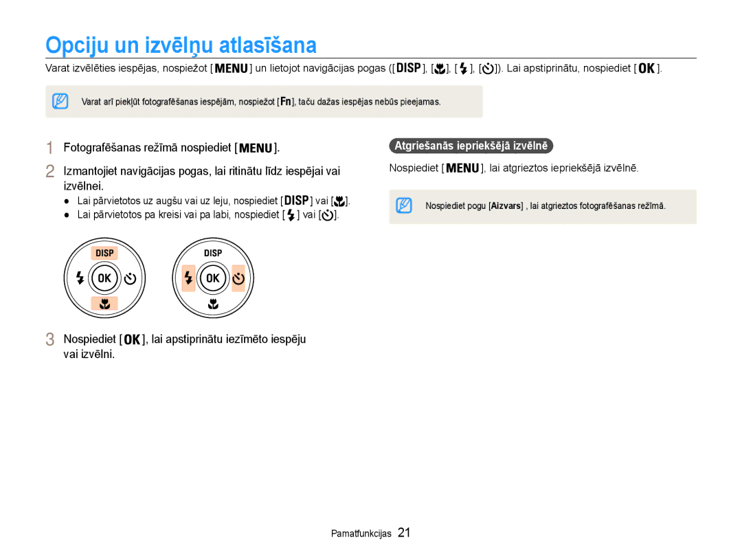 Samsung EC-DV90ZZBPBE2 manual Opciju un izvēlņu atlasīšana, Izvēlnei, Vai izvēlni, Atgriešanās iepriekšējā izvēlnē 