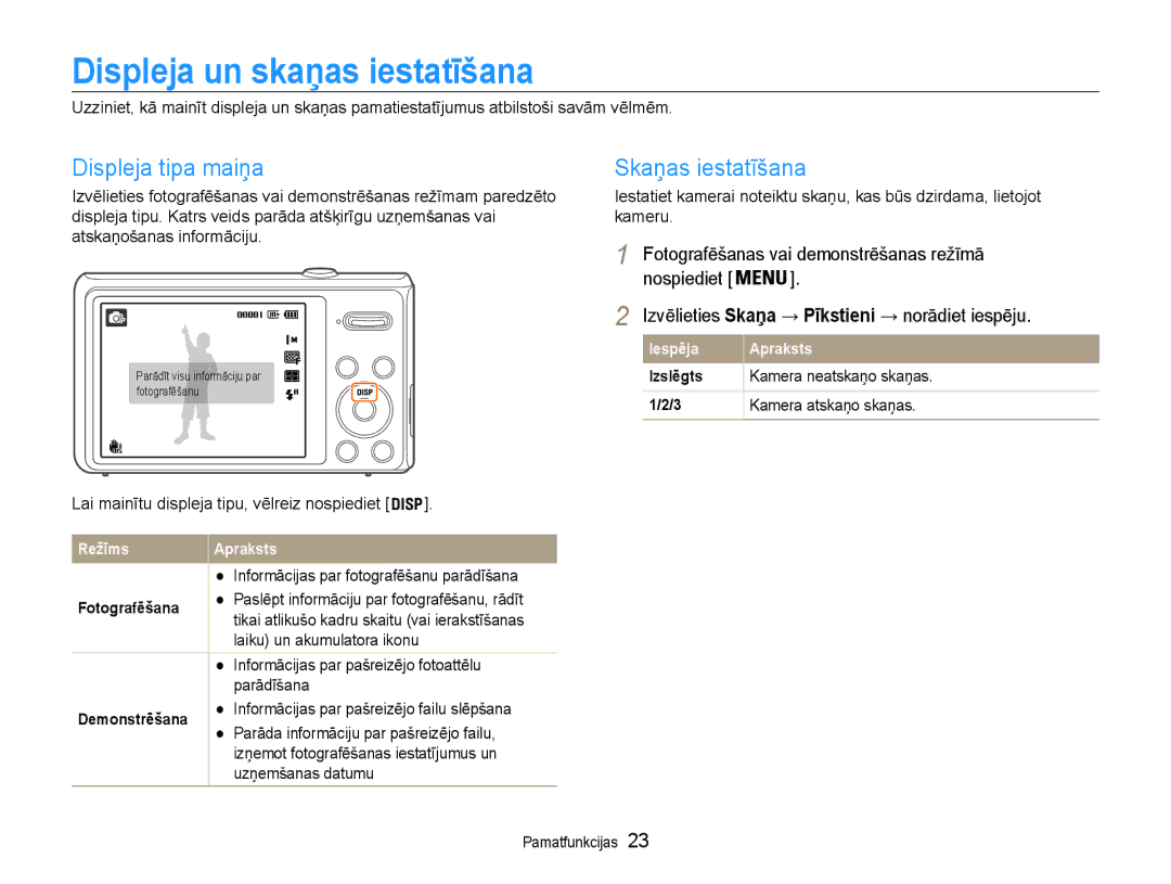 Samsung EC-DV90ZZBPBE2 Displeja un skaņas iestatīšana, Displeja tipa maiņa, Skaņas iestatīšana, Kamera neatskaņo skaņas 