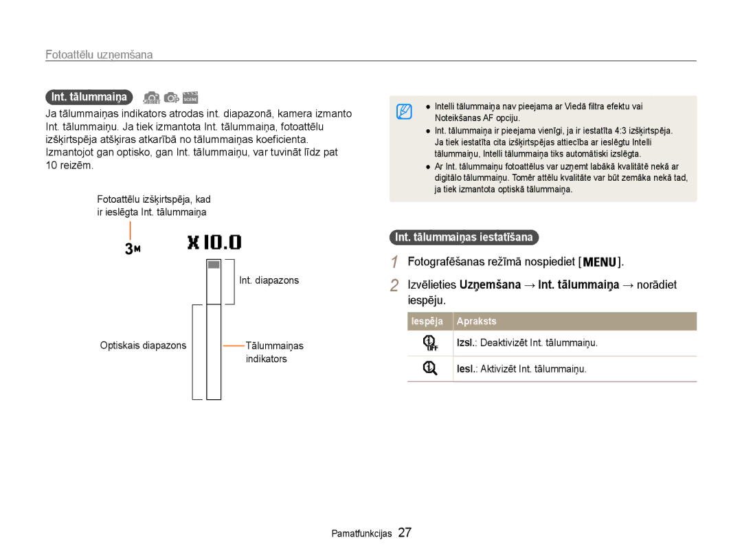 Samsung EC-DV90ZZBPBE2 manual Iespēju, Indikators, Int. tālummaiņas iestatīšana, Fotografēšanas režīmā nospiediet 