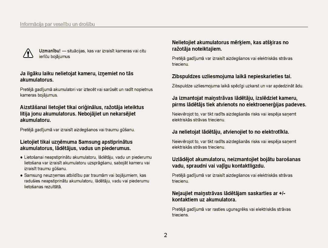 Samsung EC-DV90ZZFPBE2 manual Informācija﻿ par veselību un drošību, Zibspuldzes uzliesmojuma laikā nepieskarieties tai 