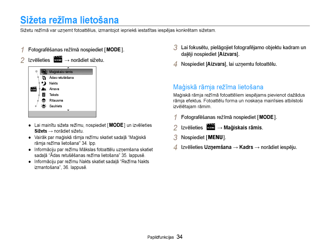 Samsung EC-DV90ZZFPBE2, EC-DV90ZZBPBE2 manual Sižeta režīma lietošana, Maģiskā rāmja režīma lietošana 