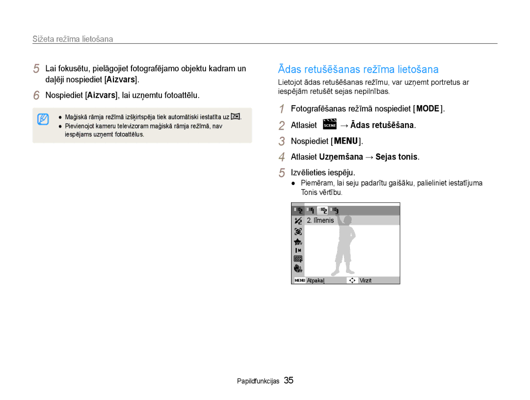 Samsung EC-DV90ZZBPBE2 manual Ādas retušēšanas režīma lietošana, Sižeta režīma lietošana, Atlasiet, Izvēlieties iespēju 