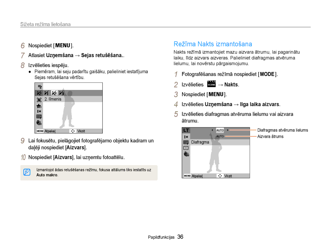 Samsung EC-DV90ZZFPBE2 manual Režīma Nakts izmantošana, → Nakts, Izvēlieties Uzņemšana → Ilga laika aizvars, Ātrumu 