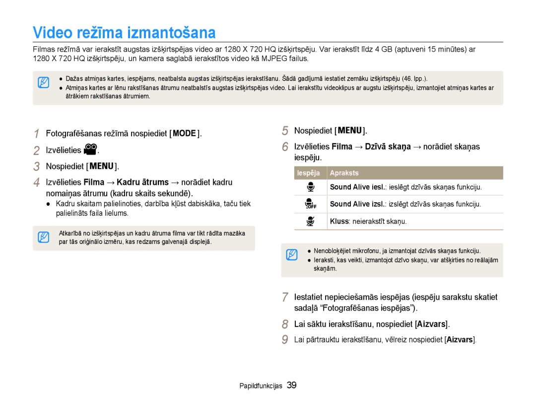 Samsung EC-DV90ZZBPBE2, EC-DV90ZZFPBE2 manual Video režīma izmantošana, Nomaiņas ātrumu kadru skaits sekundē 