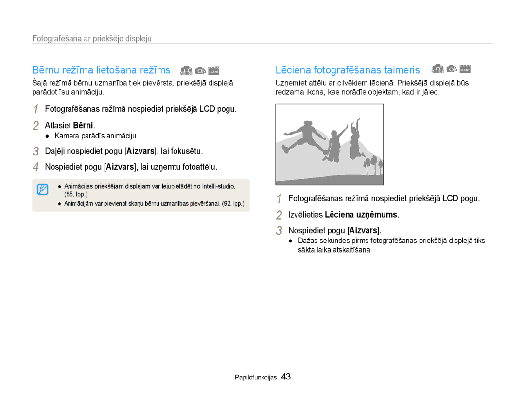 Samsung EC-DV90ZZBPBE2 Bērnu režīma lietošana režīms, Lēciena fotografēšanas taimeris, Fotografēšana ar priekšējo displeju 