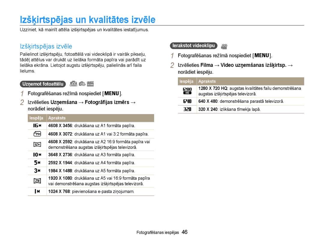 Samsung EC-DV90ZZFPBE2, EC-DV90ZZBPBE2 manual Izšķirtspējas un kvalitātes izvēle, Izšķirtspējas izvēle, Norādiet iespēju 