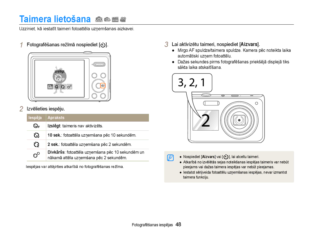 Samsung EC-DV90ZZFPBE2, EC-DV90ZZBPBE2 manual Taimera lietošana, Lai aktivizētu taimeri, nospiediet Aizvars 