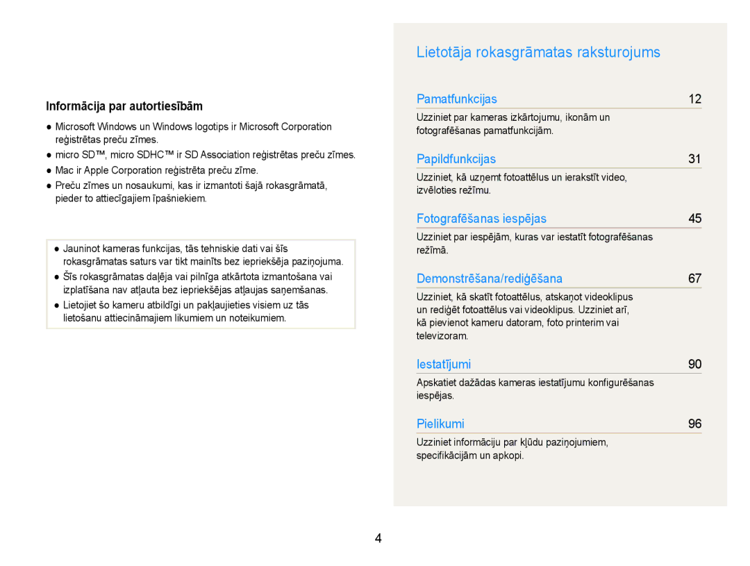 Samsung EC-DV90ZZFPBE2 manual Lietotāja rokasgrāmatas raksturojums, Informācija par autortiesībām, Režīmā, Iespējas 