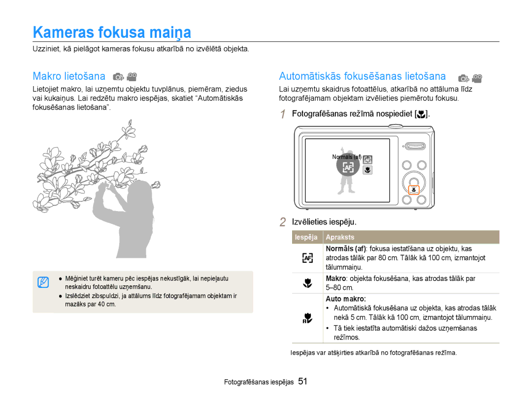 Samsung EC-DV90ZZBPBE2 manual Kameras fokusa maiņa, Makro lietošana, Automātiskās fokusēšanas lietošana, Auto makro 