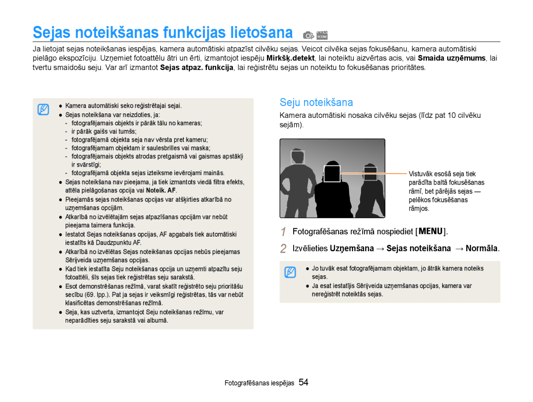 Samsung EC-DV90ZZFPBE2, EC-DV90ZZBPBE2 manual Sejas noteikšanas funkcijas lietošana, Seju noteikšana 