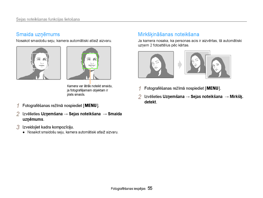 Samsung EC-DV90ZZBPBE2 Smaida uzņēmums, Mirkšķināšanas noteikšana, Sejas noteikšanas funkcijas lietošana, Uzņēmums, Detekt 