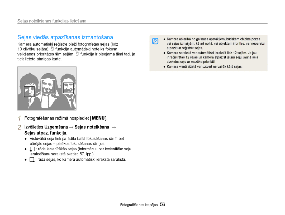 Samsung EC-DV90ZZFPBE2, EC-DV90ZZBPBE2 manual Sejas viedās atpazīšanas izmantošana, Sejas atpaz. funkcija 