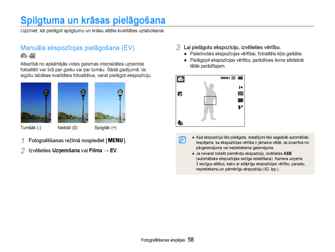 Samsung EC-DV90ZZFPBE2 manual Spilgtuma un krāsas pielāgošana, Manuāla ekspozīcijas pielāgošana EV, Tālāk parādītajam 