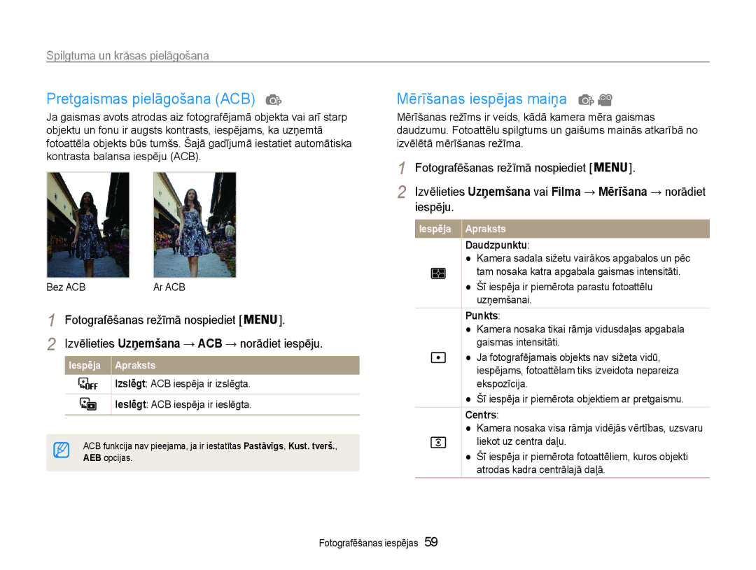 Samsung EC-DV90ZZBPBE2 manual Pretgaismas pielāgošana ACB, Mērīšanas iespējas maiņa, Spilgtuma un krāsas pielāgošana 