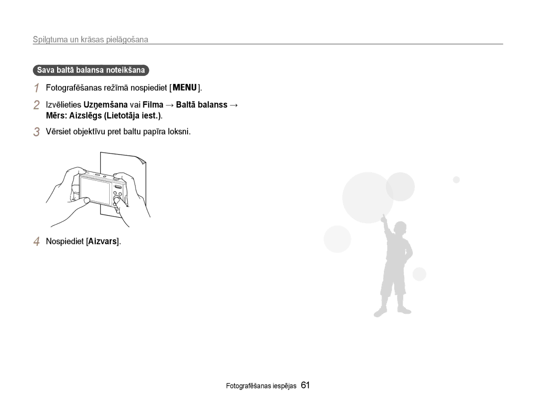 Samsung EC-DV90ZZBPBE2 manual Mērs Aizslēgs Lietotāja iest, Nospiediet Aizvars, Vērsiet objektīvu pret baltu papīra loksni 