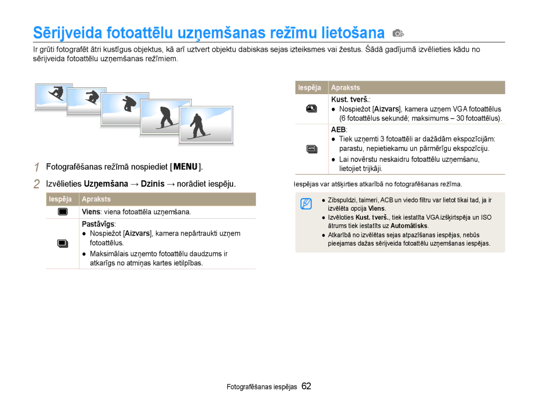 Samsung EC-DV90ZZFPBE2 Sērijveida fotoattēlu uzņemšanas režīmu lietošana, Viens viena fotoattēla uzņemšana, Pastāvīgs 