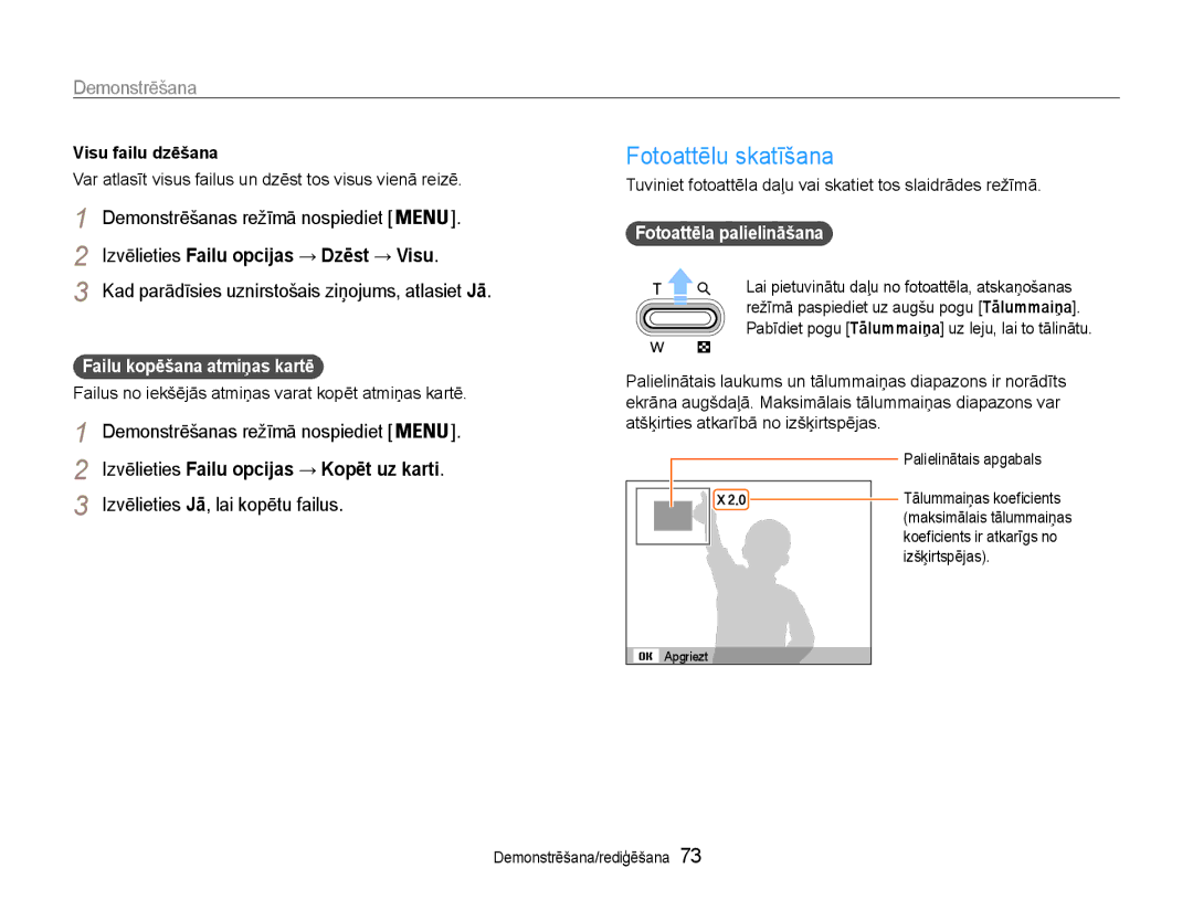 Samsung EC-DV90ZZBPBE2, EC-DV90ZZFPBE2 manual Fotoattēlu skatīšana, Izvēlieties Jā, lai kopētu failus, Visu failu dzēšana 