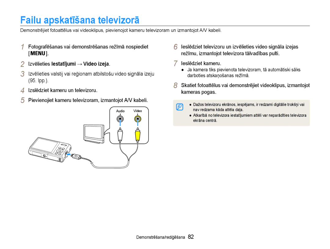 Samsung EC-DV90ZZFPBE2 manual Failu apskatīšana televizorā, Izvēlieties Iestatījumi → Video izeja, Ieslēdziet kameru 